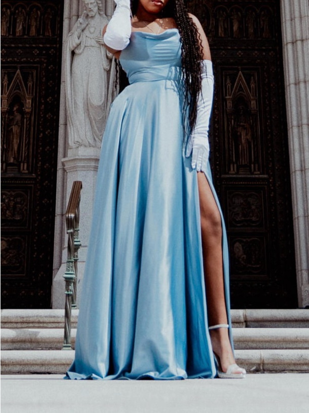 Sleeveless Light Blue Satin Evening Gown with Side Slit - Brand